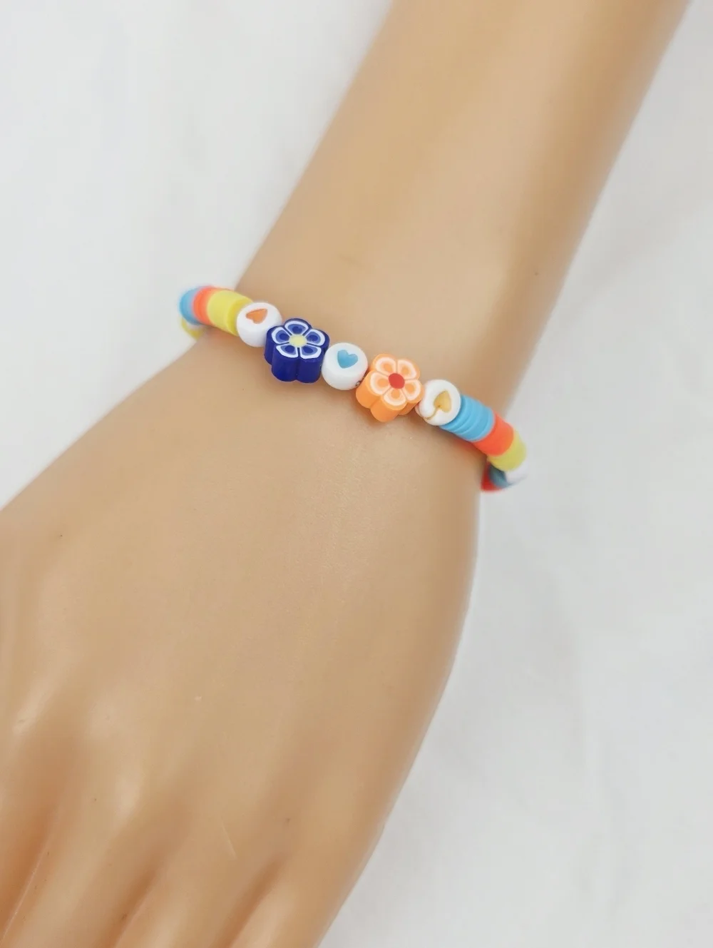 Handmade Clay Bead Multi Color Flower Heart Bracelet